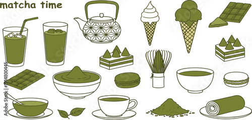 Matcha Tea and Dessert Illustration Set with Green Tea Drinks, Sweets, and Traditional Japanese Elements for Cafe Menu and Food Design