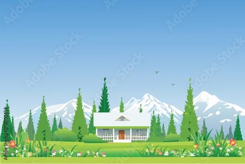 A charming white house sits nestled amidst lush greenery and snow capped