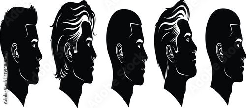 Men Profile Silhouette Collection with Different Hairstyles and Male Head Side View for Barber Shop, Hairstyle Catalog, and Grooming Design
