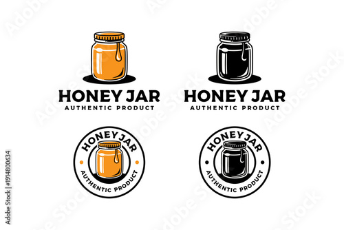 Honey jar with dripping honey modern badge illustration logo design set for apiary and food. Honey container, Glass jar with honey, Sweet syrup jar and pot