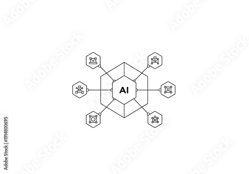 Conceptual illustration of artificial intelligence as a central system, integrating with diverse automated functions and technology.