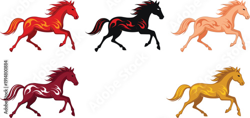 Running Horse Silhouette Set with Colorful Flame Style Mane and Tail for Equestrian, Logo, Mascot, Racing, and Fantasy Design Projects