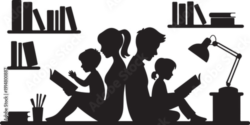 Black silhouette family reading books with shelves and lamp