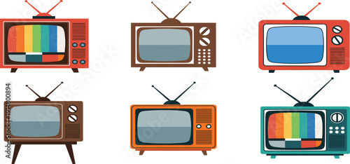 Retro Television Set Collection with Vintage TV Screens and Classic Broadcast Test Pattern for Nostalgia Media and Technology Design Projects