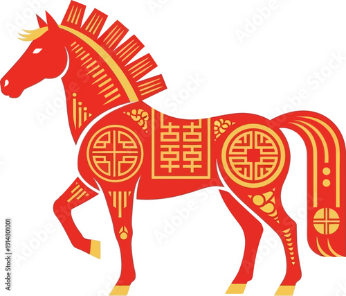 Traditional Chinese Zodiac Horse illustration with auspicious symbols representing good fortune and prosperity for the Lunar New Year celebrations and cultural events