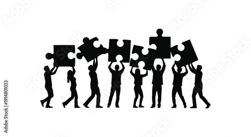A group of people collaboratively lifting puzzle pieces symbolizing teamwork and cooperation on transparent background silhouette high quality professional detailed modern