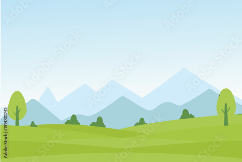 A serene landscape illustration features rolling green hills and distant mountains high quality
