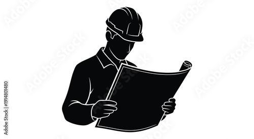 A black silhouette of a construction worker studying blueprints wearing a helmet on transparent background high quality professional detailed modern elegant