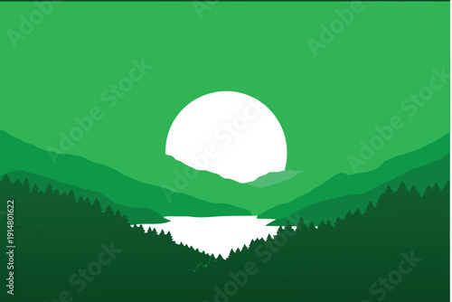 A minimalist landscape depicts a white sun rising over green mountains high quality