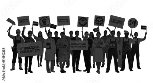 Silhouettes of people holding signs in a protest or rally setting