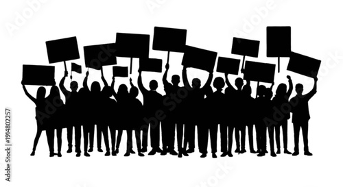 Silhouette of crowd holding signs in protest