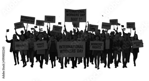 Silhouettes of people holding signs in a protest