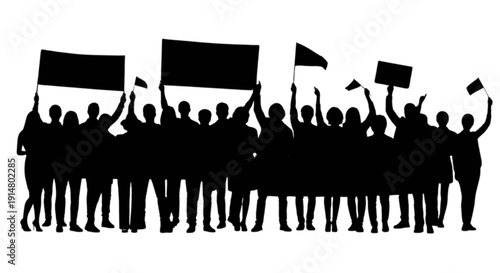 Silhouettes of people holding flags in a protest or rally