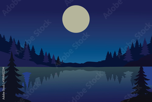 A serene nighttime landscape featuring a bright full moon over dark silhouettes
