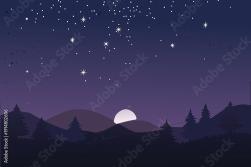A dark purple nightscape features silhouetted mountains and a bright full moon