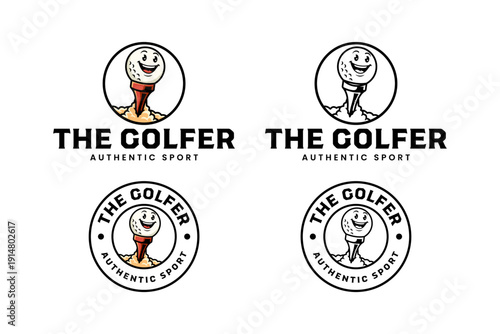 Smiling golf ball mascot placed on a tee rocket illustration logo design set for kids golf club. Rocket tee with golf ball cartoon. Golf ball riding tee launcher character logo design