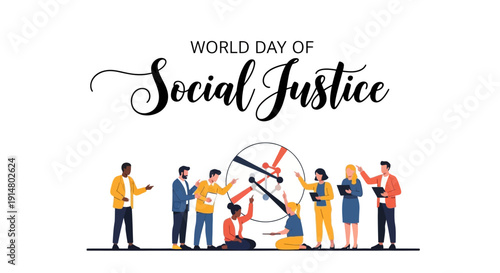Illustration of diverse people promoting unity, equality, and justice on World Day of Social Justice with a colorful, hopeful, and inclusive mood.