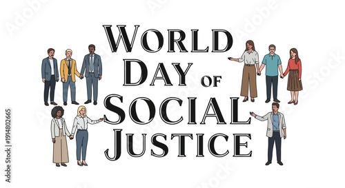 Illustration of diverse people holding hands around 'World Day of Social Justice' text on a white background, promoting unity and equality with a hopeful mood.