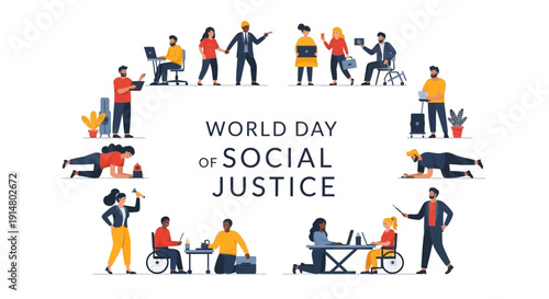 Illustration of diverse people promoting unity, equality, and human rights on World Day of Social Justice with a hopeful and inclusive mood.