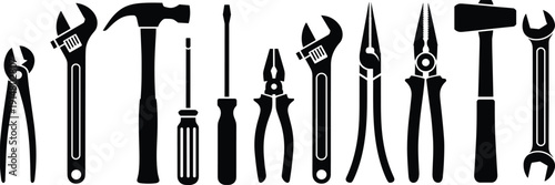 Black silhouette vector icons set of essential hand tools including hammers, wrenches, screwdrivers, and pliers for home repair, DIY projects, and industrial construction maintenance.