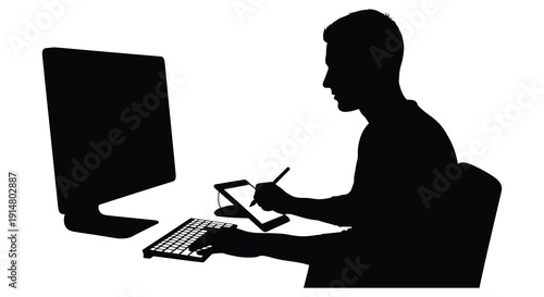 A digital nomad works remotely with a laptop and tablet depicted as a striking black silhouette on transparent background high quality