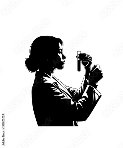 Scientist holding test tube in lab coat, black and white silhouette, professional research setting