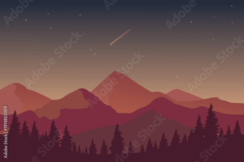 A minimalist landscape depicts silhouetted mountains under a twilight sky high quality professional