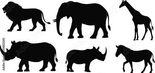 African Safari Animals Silhouette Set Featuring Lion Elephant Giraffe Rhino and Zebra Vector Illustrations Isolated on White Background for Wildlife Nature Design Projects