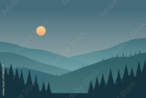 A serene landscape features silhouetted mountains and a glowing full moon high quality
