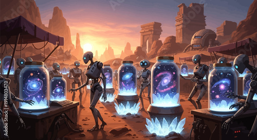 Robots collecting galaxy specimens in a desert landscape at sunset