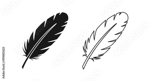 Two feather designs, black and white, minimalist feather outline, vector illustration Vector