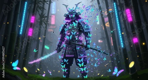 Samurai warrior standing in neon-lit bamboo forest with colorful butterflies