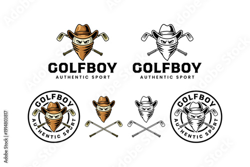 Golf cowboy illustration mascot logo design set for sport club and tournament. Bandit golfer with crossed clubs modern badge logo design. Outlaw golf ball character cartoon logo design
