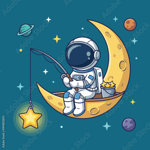An imaginativesceneof an astronaut fishing for stars whilesitting on a crescent moon, surrounded by colorful planets, representing dreams and theuniverse's wonder.