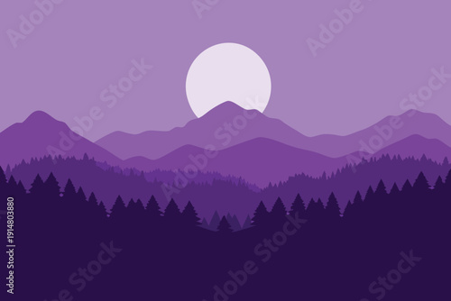 A minimalist landscape depicts purple mountains silhouetted trees and a bright moon