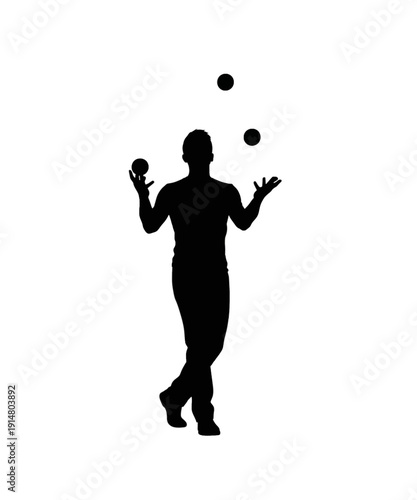 Silhouette juggler performing three-ball trick in dynamic outdoor setting with artistic lighting