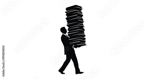 A person carrying a tall stack of books depicted in a striking black silhouette on transparent background high quality professional detailed