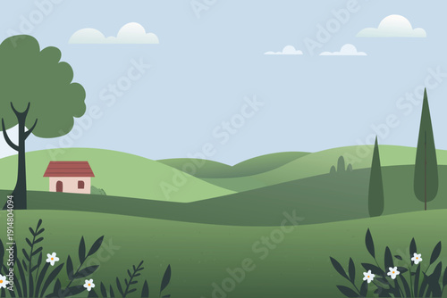 A peaceful countryside landscape featuring rolling green hills and a small house