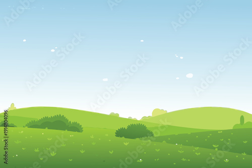 A simple cartoon landscape depicts rolling green hills under a pale blue