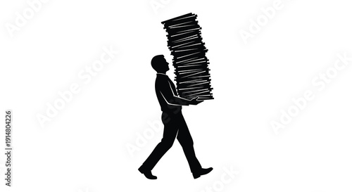 A man struggles to carry a large stack of books on his back depicted as a silhouette on transparent background