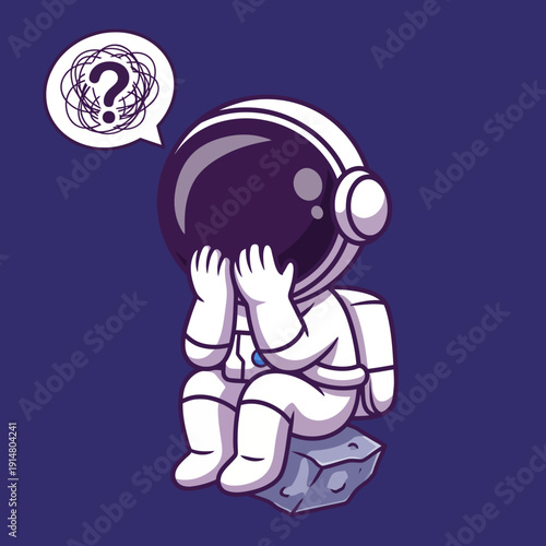 An emotional illustration features an astronaut sitting aloneon a meteorite, contemplating themysteries of theuniverse, evoking feelings of solitude, curiosity, and introspection in space.