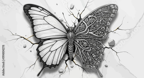 Mechanical butterfly emerging from cracked surface with intricate design