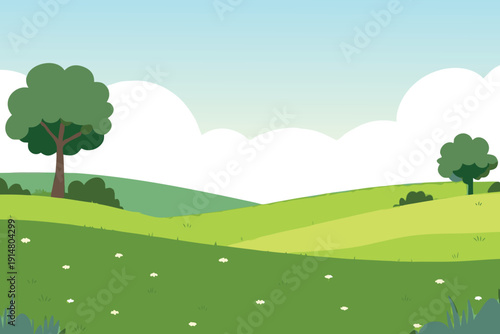 A simplified cartoon landscape features rolling green hills and fluffy white clouds
