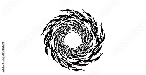 Fish school circular silhouette frame vector isolated on white for marine emblem design