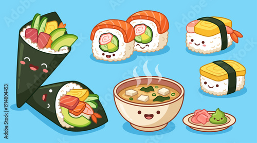 A playful collection of sushi rolls and a steaming bowl of soup is arranged artistically, featuring cutefacial expressions, adding a cheerful touch to theculinary scene.