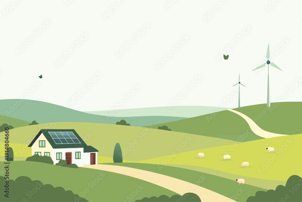 Naklejka premium A charming green landscape features a house rolling hills and wind turbines