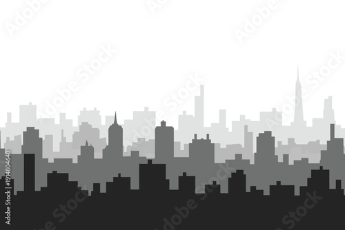 A grayscale silhouette of a dense cityscape against a bright white sky