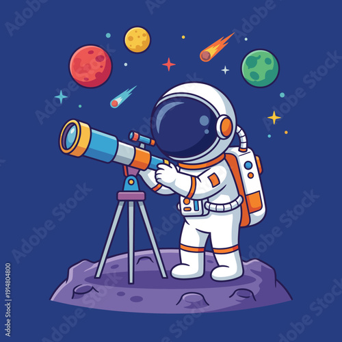 An astronaut peers through a telescopeon a rocky surface, exploring thecosmos, surrounded by colorful planets and shooting stars, capturing a senseof curiosity and adventure.