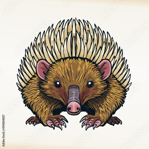 A detailed illustration of a hedgehog standing on its feet with spines, viewed from the front.