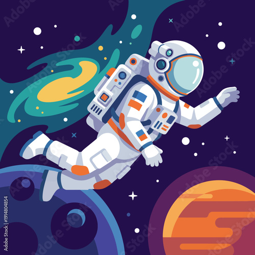 An astronaut glides through a vibrant alien planet with swirling galaxies and bright planets, highlighting thebeauty of exploration and themysteries of theuniverse.
